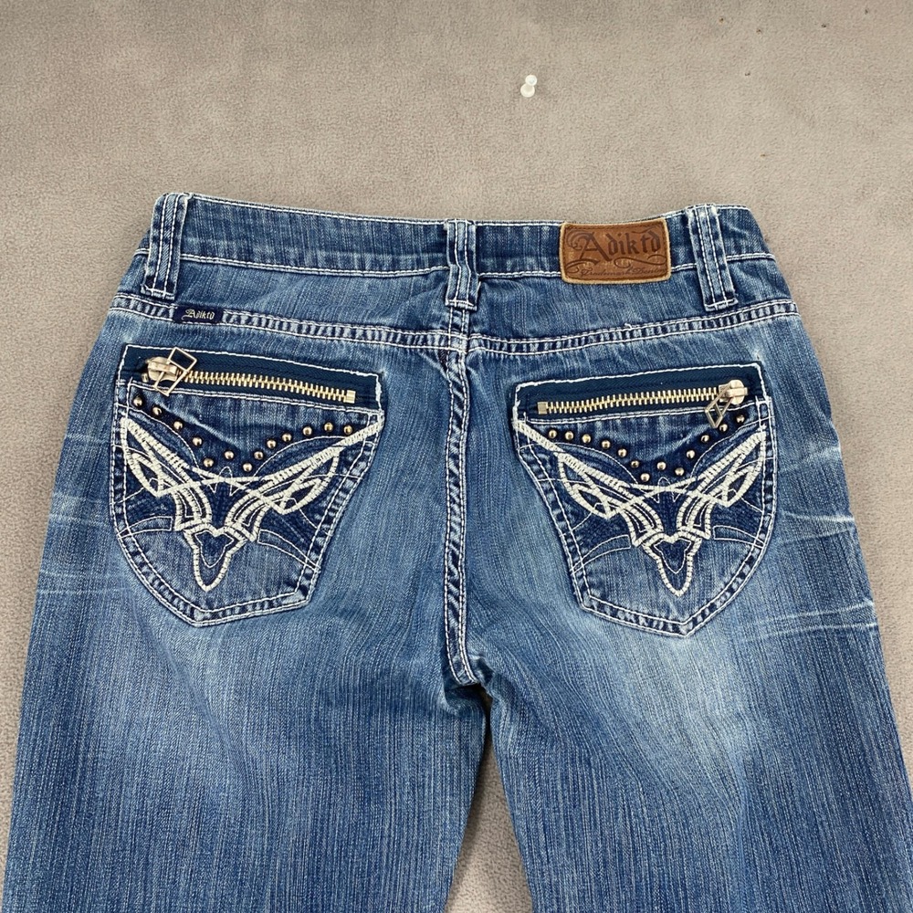 Adiktd Womens Y2K Embroidered Studded Zipper Bootcut Jeans Size 6 W29 Blue - Picture 8 of 11